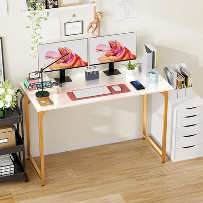 PayLessHere | 47 Inch Computer Desk | White Gold | Office Desk with Metal Frame, Adjustable Feet | Water-Resistant, Scratchproof Surface | Sturdy Writing Table for Home Office or Study | Pack of 1