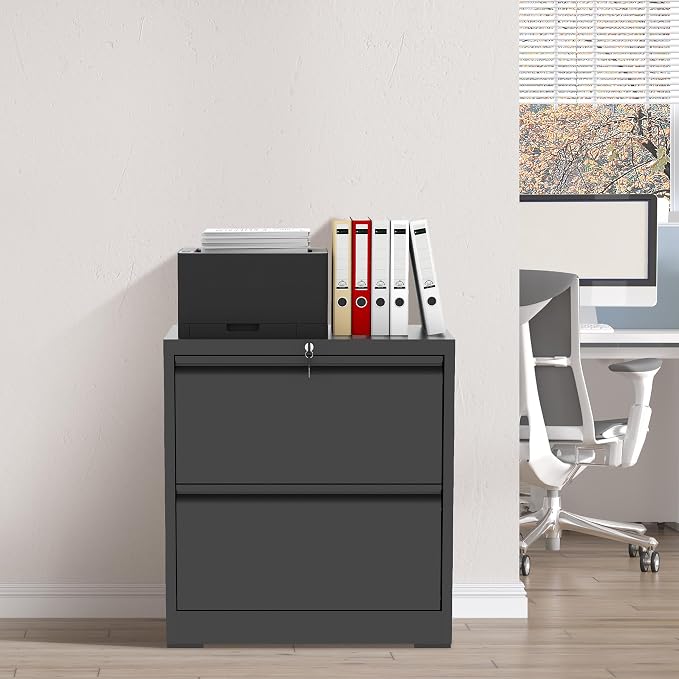 2 Drawer File Cabinet with Lock, Black Metal Lateral Filing Cabinets for Home Office, Heavy Duty Steel Horizontal Locking Storage Cabinet for Legal/Letter/A4 Size File, Assembly Required