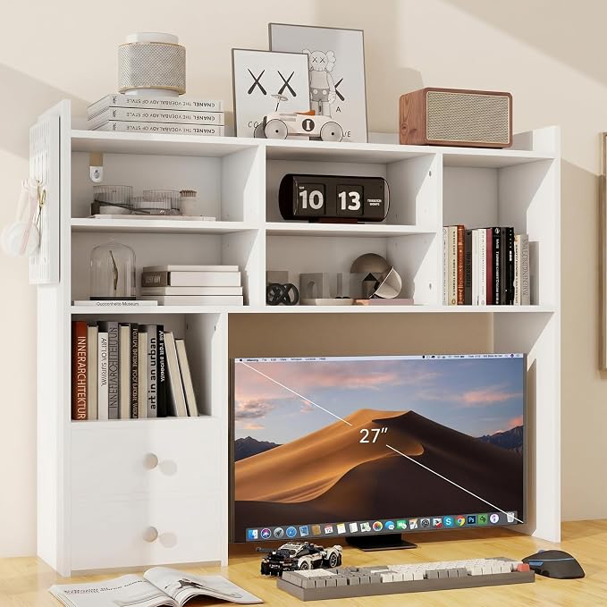 ELECWISH Desktop Bookshelf, Desk Shelf with 2 Drawers for Computer Desk, 36.22" 7-Tier Adjustable Desktop Hutch Organizer with Pegboard for Home Office, White