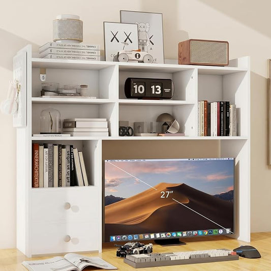 ELECWISH Desktop Bookshelf, Desk Shelf with 2 Drawers for Computer Desk, 36.22" 7-Tier Adjustable Desktop Hutch Organizer with Pegboard for Home Office, White