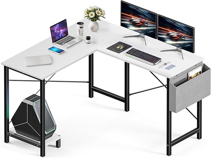50 Inches L Shaped Home Office Computer Desk Reversible Corner Table PC with Wood Tabletop Metal Frame CPU Stand Side Bag for Gaming, Working and Studying, White