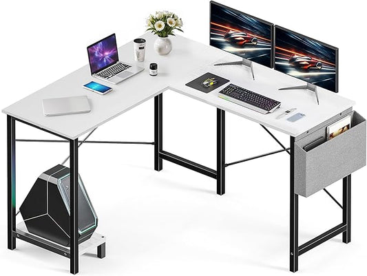50 Inches L Shaped Home Office Computer Desk Reversible Corner Table PC with Wood Tabletop Metal Frame CPU Stand Side Bag for Gaming, Working and Studying, White