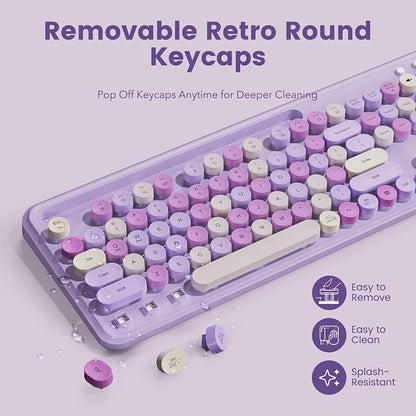 Wireless Keyboard and Mouse Combo, Retro Round Keycaps, Full-Size Stylish Typewriter Keyboard with Large Phone/Tablet Holder, 3-Level DPI Ergonomic Mouse, 2.4GHz Cordless for Windows PC, Lavender Mist