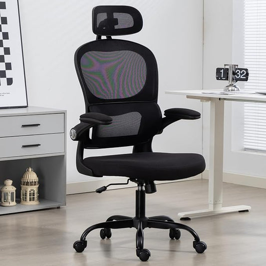 Yilaywain Ergonomic Office Chair, Home Office Desk Chair with Adjustable Headrest, High Back Computer Chair with Armrests and Lumbar Support for Home Office Study Room, Black & Gray (Black)