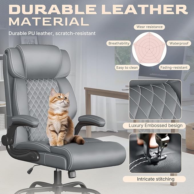 Office Chair-Executive High Back Breathable Big and Tall Office Chair Flip-up Armrests Lumbar Support-Ergonomic Leather Rolling Swivel Chair with Rock Function for Working Studying Gaming,2 Pack