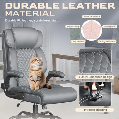 Office Chair-Executive High Back Breathable Big and Tall Office Chair Flip-up Armrests Lumbar Support-Ergonomic Leather Rolling Swivel Chair with Rock Function for Working Studying Gaming,2 Pack