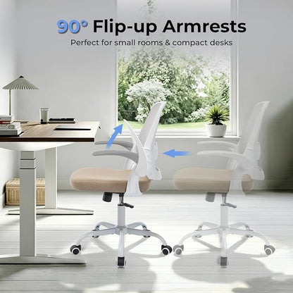 Ergonomic Mesh Office Chair for Home Office, Flip-Up Arms, Breathable Mesh Back & Thick Seat Cushion, Swivel Rolling Computer Desk Chair – BIFMA Certified, Supports 300 lbs (White Frame/Beige Seat)