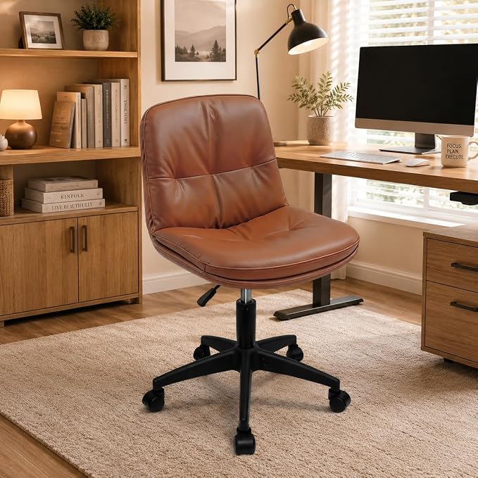 Vanity Chair with Back, PU Leather Swivel Office Desk Chair, Height Adjustable Armless Chair for Small Spaces, Bedroom, Vanity, Home Office （Brown）
