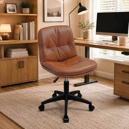 Vanity Chair with Back, PU Leather Swivel Office Desk Chair, Height Adjustable Armless Chair for Small Spaces, Bedroom, Vanity, Home Office （Brown）