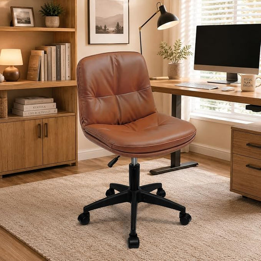 Vanity Chair with Back, PU Leather Swivel Office Desk Chair, Height Adjustable Armless Chair for Small Spaces, Bedroom, Vanity, Home Office （Brown）