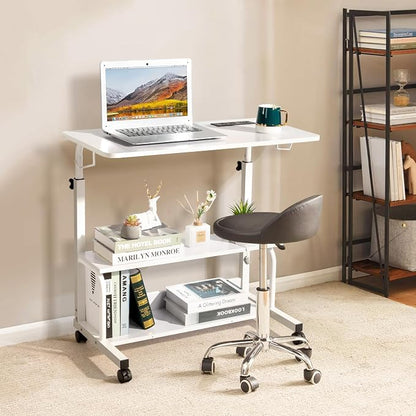 Karl home 31.5" Portable Rolling Desk on Wheels,Height Adjustable Standing Desk with 2 AC Outlets/3 USB Ports,Mobile Laptop Table with Hooks and Storage Shelves for Home Office,White