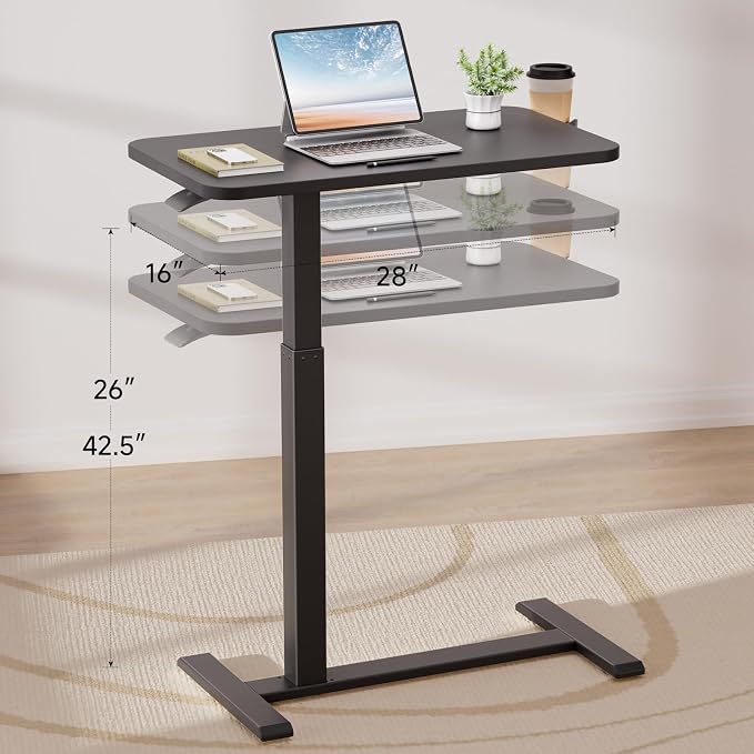 GTPLAYER Small Standing Desk with Hidden Wheels, Pneumatic Mobile Rolling Laptop Desk, Adjustable Height Overbed Bedside Table Computer Workstation for Home Office (28" W x 16" D, Black)