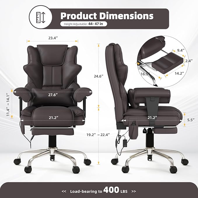 7-Point Massage Office Chair,Heated Manageral Chair,Ergonomic Executive Chair with Footrest,Adjustable Armrest，Computer Chair for Offices, Study Room,Gaming Spaces,Brown
