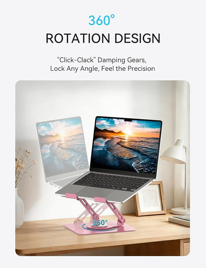 SOUNDANCE 360 Rotating Laptop Stand, Ergonomic Computer Riser for Desk, Adjustable Height Multi-Angle Metal Holder, Foldable Portable Notebook Elevating Base for Office & Home, Pink