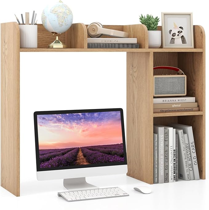 LDAILY Desktop Shelf, Multipurpose Wood Desk Hutch for Max 27" Computer Monitor, Countertop Storage Hutch with 5 Shelves, 3 Tier Desktop Display Rack for Dorm Office Home (Natural)
