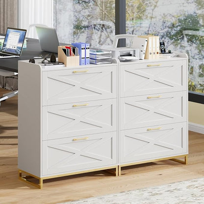 Halitaa File Cabinet 3 Drawers Lateral File Cabinet with Charging Station for Letter/Legal/A4 Size Hanging Files, Large Wood File Storage Cabinets Printer Stand for Home Office, White and Gold
