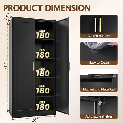 71" H Kitchen Storage Cabinet with 4 Adjustable Shelves, Metal Pantry Cabinet, Pantry Organizers and Storage Cabinet for Kitchen, Bathroom, Living Room (Black)