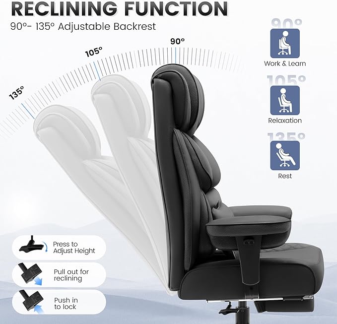 Office Desk Chair, Big and Tall Leather Gaming Chair with Footrest, Wide Ergonomic Comfy Executive High-Back Reclining Computer Chairs, Swivel Rolling Wheels and Padded Lumbar Support, Black Updated