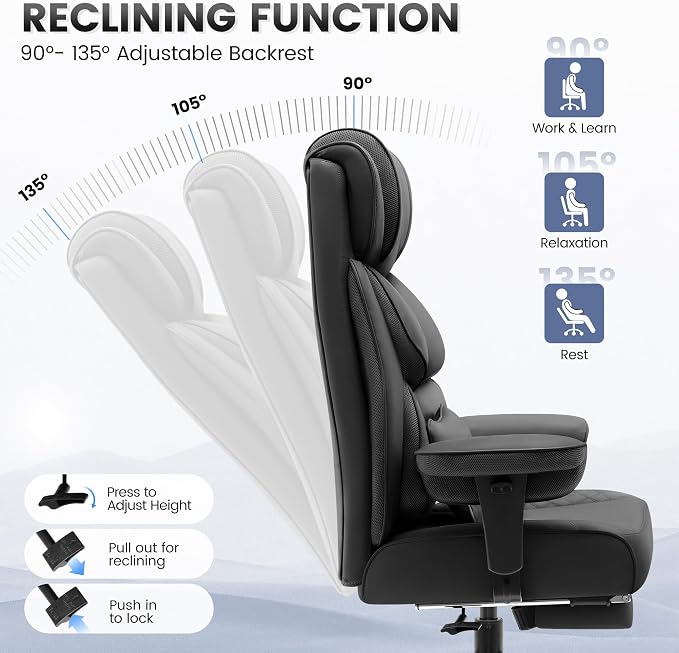BestGlory Office Desk Chair, Big and Tall Leather Gaming Chair with Footrest, Wide Ergonomic Comfy Executive High-Back Reclining Computer Chairs, Swivel Rolling Wheels and Padded Lumbar Support, Black