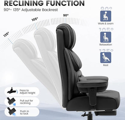 BestGlory Office Desk Chair, Big and Tall Leather Gaming Chair with Footrest, Wide Ergonomic Comfy Executive High-Back Reclining Computer Chairs, Swivel Rolling Wheels and Padded Lumbar Support, Black
