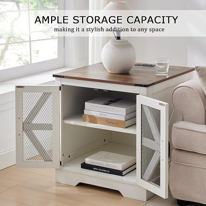 Farmhouse Coffee Table and End Table Set with Charging Station 3 Piece Set, White Living Room Tables with Hidden Storage, Rustic Wood Furniture for Home and Office, White