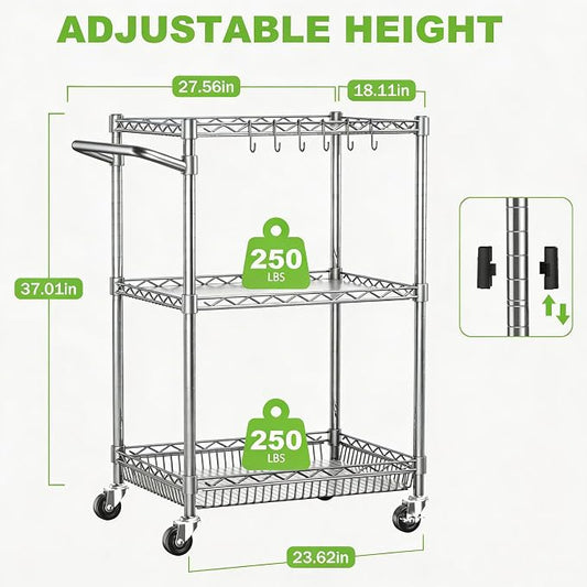 3 Tier Rolling Utility Metal Carts with Wheels Heavy Duty Storage Cart 750Lbs Capacity Adjustable Kitchen Cart with Handle & Shelf Liner Commercial Service Trolley for Indoor & Outdoor Use