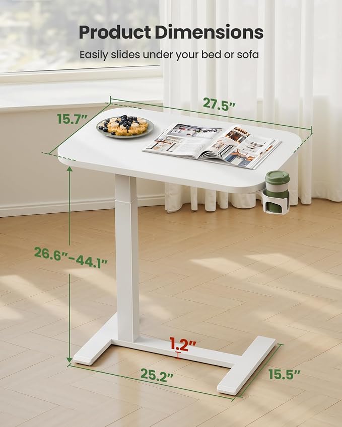 Marsail 28×16″ Overbed Table with Hidden Wheels, Pneumatic Adjustable Bedside Table, Mobile Rolling Table with 360° Hideable Cup Holder, White