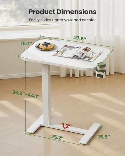 Marsail 28×16″ Overbed Table with Hidden Wheels, Pneumatic Adjustable Bedside Table, Mobile Rolling Table with 360° Hideable Cup Holder, White