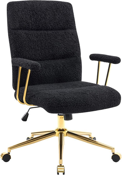 Elegant Black and Gold Office Chair with Textured Boucle Fabric, Modern Desk Chair with Padded Seat, Height Adjustable with Durable Gold Base