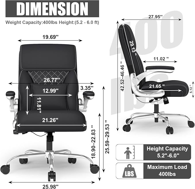 Ergonomic Leather Office Chair with Adjustable Lumbar Support, Flip-Up Armrests Desk Computer Chair, Swivel PC Chair with Rocking Function