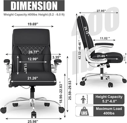 Ergonomic Leather Office Chair with Adjustable Lumbar Support, Flip-Up Armrests Desk Computer Chair, Swivel PC Chair with Rocking Function