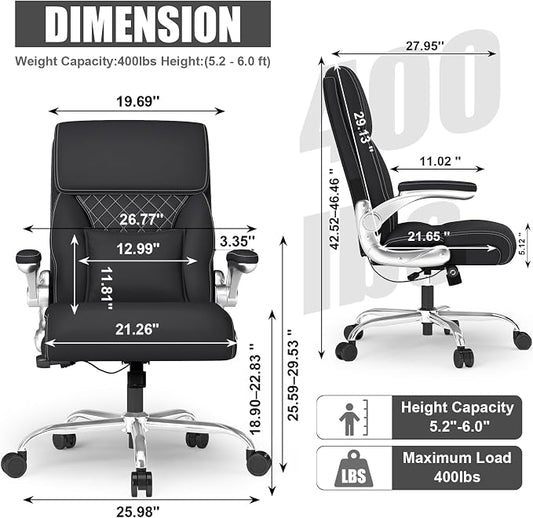 Ergonomic Leather Office Chair with Adjustable Lumbar Support, Flip-Up Armrests Desk Computer Chair, Swivel PC Chair with Rocking Function