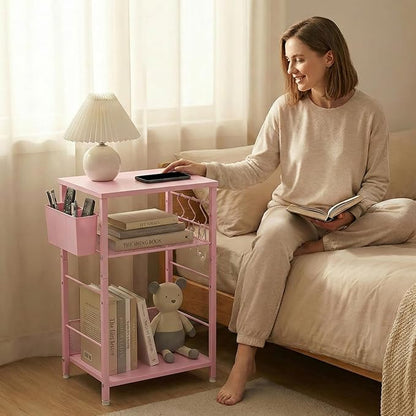 ECOLOVI 3 Tier Printer Stand for Under Desk, Height Adjustable Shelf Small Printer Table with 3 S-Hooks & Basket, Heavy Duty Industrial Storage Shelf for Home Office (Pink Wood)