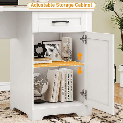 Vabches 59" L Shaped Executive Desk, Farmhouse Home Office Desk with File Drawer,Storage Cabinet, Wood Corner Sturdy Writing Workstation.Cream White