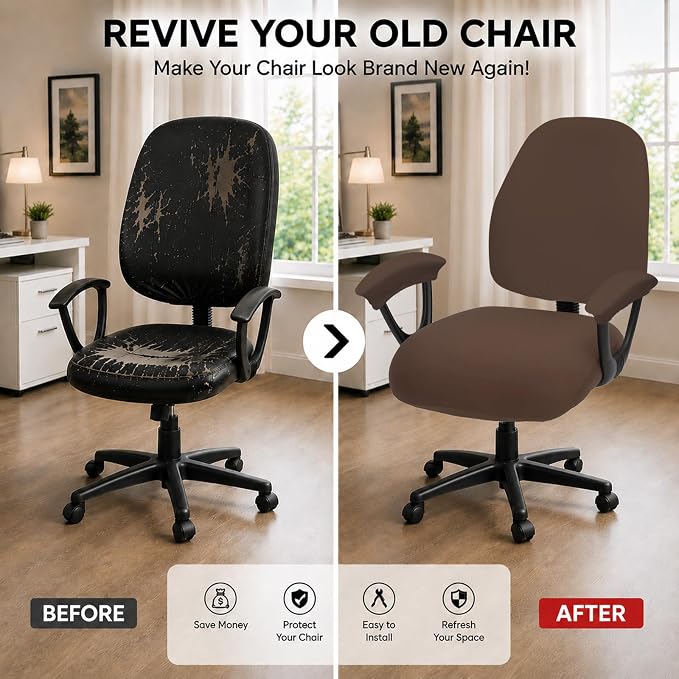 Super Stretchable Split Office Chair Seat Covers & Armrest Covers - Universal Spandex Computer Chair Slipcover - 180GSM Rotating Backrest Coverings Cushion Protectors for Dogs, Cats, Pets (Mocha)