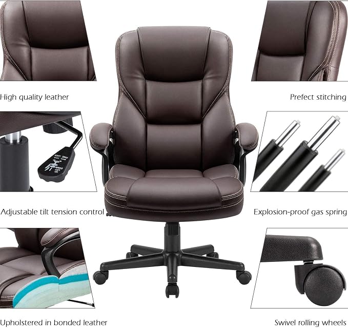 Furmax Office Executive Chair High Back Adjustable Managerial Home Desk Chair, Swivel Computer PU Leather Chair with Lumbar Support (2, Brown)