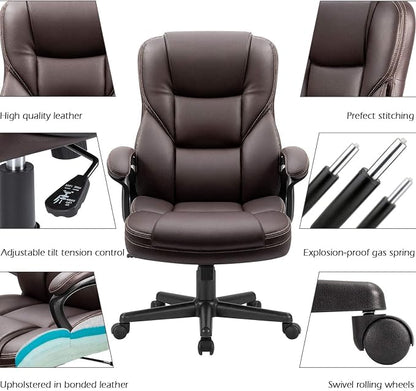Furmax Office Executive Chair High Back Adjustable Managerial Home Desk Chair, Swivel Computer PU Leather Chair with Lumbar Support (2, Brown)