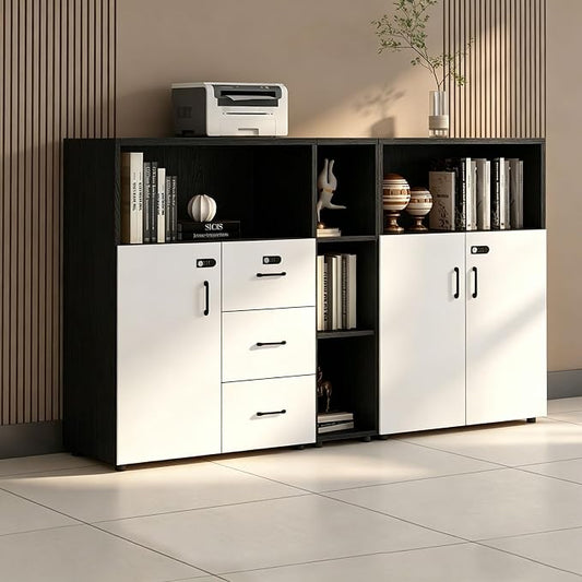 File Cabinet with Password Lock, Wood Lateral Filing Cabinet for Letter/A4 Files, 3 Drawer with Door, Printer Stand with Open Shelves for Home Office