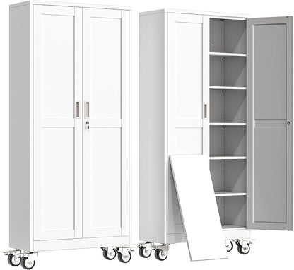 erosoei 75" H Metal Garage Storage Cabinet, Rolling Tool Cabinet with 2 Doors and Wheels, Locker Steel Cabinet with 5 Adjustable Shelves, Organization Cabinet for Garage,Office,Home,Gym,School（White）