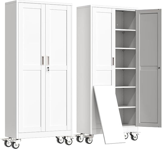 erosoei 75" H Metal Garage Storage Cabinet, Rolling Tool Cabinet with 2 Doors and Wheels, Locker Steel Cabinet with 5 Adjustable Shelves, Organization Cabinet for Garage,Office,Home,Gym,School（White）