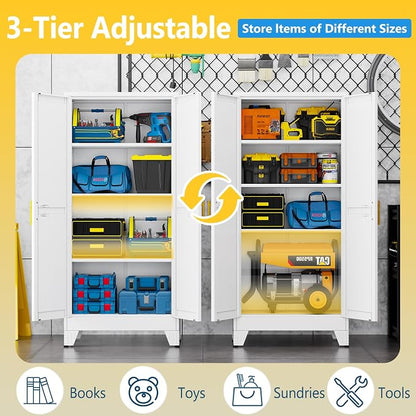 PAOFIN 61" Metal Storage Cabinet with 2 Doors and 3 Adjustable Shelves,White Metal Garage Storage Cabinets, File Cabinet,Steel Tool Cabinets for Home,Office,Garage,School,Warehouse