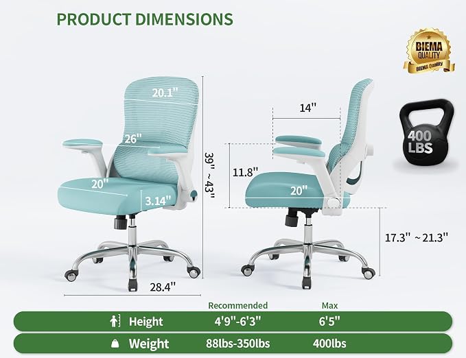 Office Chair - Ergonomic Desk Chair with Adjustable Lumbar Support, Mesh Computer Chair, Executive Office Chairs for Adults, Wide Seat Office Chair Back Support for Tall Men (Blue)