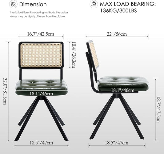 Zesthouse Rattan Desk Chair No Wheels, Mid Century Modern Home Office Chair with Cane Mesh & Wooden Back, Vintage Faux Leather Swivel Accent Chair, Upholstered Armless Computer Task Chair,Green
