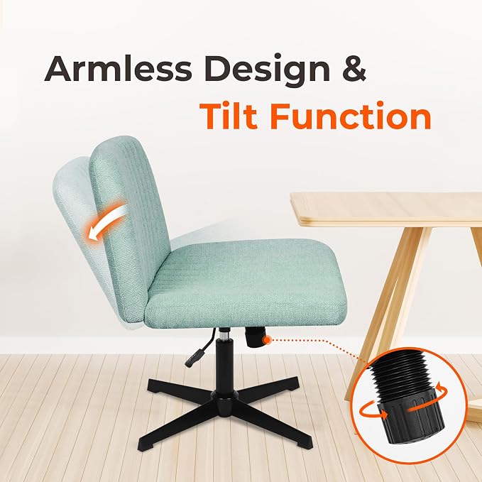 NEO Chair Criss Cross Chair No Wheel Vanity Desk Chair Wide Armless Cross Legged Office Comfy Makeup Adjustable Computer Task for Home Office Fabric (Mint)