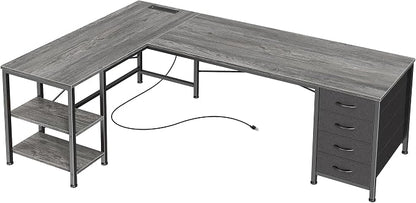 Huuger 55 Inch L Shaped Desk with Fabric Drawers, Reversible Computer Gaming Desk with Power Outlets and USB-C Port, Adjustable Side Storage Shelves, for Work Study Corner Home Office, Grey,1CD078H