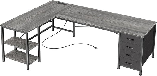 Huuger 55 Inch L Shaped Desk with Fabric Drawers, Reversible Computer Gaming Desk with Power Outlets and USB-C Port, Adjustable Side Storage Shelves, for Work Study Corner Home Office, Grey,1CD078H