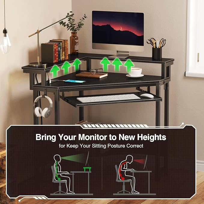 Corner Gaming Desk - ,44.5" W x 34.5" H Small Computer Desk with Power Outlets,Home Office Desk with LED Lights, Triangle Corner Table with Keyboard Tray & Monitor Stand for Small Space, Black