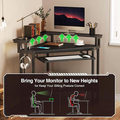 Corner Gaming Desk - ,44.5" W x 34.5" H Small Computer Desk with Power Outlets,Home Office Desk with LED Lights, Triangle Corner Table with Keyboard Tray & Monitor Stand for Small Space, Black
