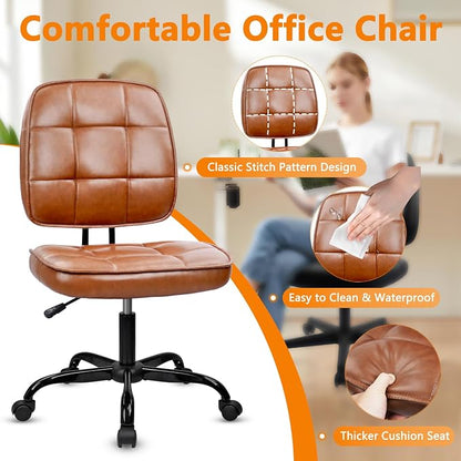 CLATINA Home Office Chair No Arms with Wheels, Armless Small Leather Ergonomic Low Back Desk Chairs Adjustable Height 360° Swivel Rolling Computer Task Chair for Work Conference Room, Brown, 4 Pack