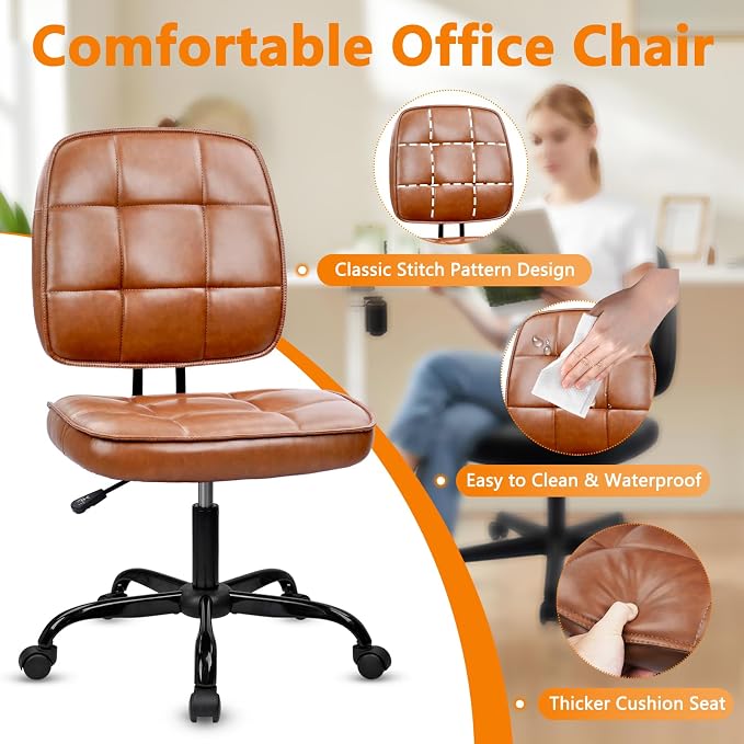 CLATINA Home Office Chair No Arms with Wheels, Armless Small Leather Ergonomic Low Back Desk Chairs Adjustable Height 360° Swivel Rolling Computer Task Chair for Work Reading Conference Room, Brown